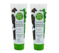 Happy Bio Dentífrico Blanqueador Natural con Carbón Activo y Menta Bio - Pasta de Dientes Vegana Sin Flúor - Dientes Blancos y Aliento Fresco - Pack 2 x 75 ml