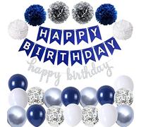 Happy Birthday Azul Plata Cumpleaños Decoración Set Cumpleaños Guirnalda Globos Azul Globos 6 Pompoms Decoración de Cumpleaños Niño