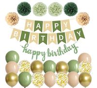 Happy Birthday Beige Verde Cumpleaños Fiesta Set Decoración Cumpleaños Guirnalda Globos Verde Oro Globos 6 Pompones Decoración de Cumpleaños Niñas