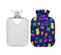 Happy Birthday - Botella de agua caliente con diseño de oso y lazo azul neón con cubierta suave de 2 litros, para calambres menstruales, calentador de abdomen, bolsa para agua Caliente para Dolor
