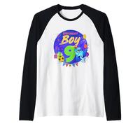 Happy Birthday Boy 9 diseño Vintage de Dinosaurio Camiseta Manga Raglan
