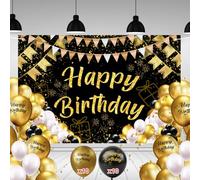 Happy Birthday Decoracion + 20 Globos | 110x180cm, Incluye Agujeros en las Esquinas y Cuerda de 6 Metros | Photocall y Cartel Feliz Cumpleaños