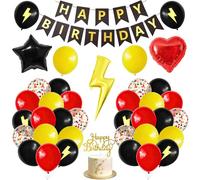 Happy Birthday Decoracion 39 Piezas Set de Pancarta Feliz Cumpleaños Negro Globos Rojo Amarillo y Negro Globos Rayo, Estrella y Corazón Cake Topper para Cumpleaños, Bodas y Fiestas Decoración