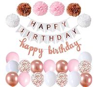 Happy Birthday Decoración Set Cumpleaños Guirnalda Globos Blanco Rosa Dorada 6 Pompoms para Niño