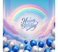 Happy Birthday Guest Book, Blue Balloons, Bright Rainbow Sky, 8.5X8.5 inches, 100 pages, 1 page for 3 guests, for heartfelt messages, names and comments