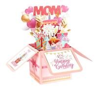 Happy Birthday Mom Pop up Tarjeta, Tarjeta de Cumpleaños 3D para Mamá Globos Coloridos Fuegos Artificiales Pastel Caja Regalo con Sobre Tarjetas Creativas Popup para Mujeres Madrastra Madrina