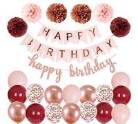 Happy Birthday Rosa Decoración Set Cumpleaños Guirnalda Globos Rojos Burdeos 6 Pompoms Decoración de Cumpleaños Adultos