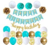 Happy Birthday Turquesa Blanco Cumpleaños Juego de Decoración para Fiesta Cumpleaños Guirnalda Globos Turquesa Blanco Globos 6 Pompones Decoración de Cumpleaños Niñas