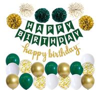 Happy Birthday Verde Oscuro Blanco Fiesta de Cumpleaños Set Decoración Cumpleaños Guirnalda Globos Verde Blanco Globos 6 Pompones Decoración de Cumpleaños Fraun