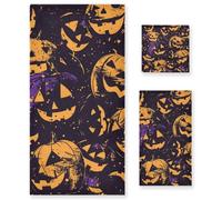Happy Bluray Pumpkins - Juego de toallas decorativas de Halloween, 3 piezas, 1 toalla de baño, 1 toalla de mano, 1 paño para el hogar, cocina y familia