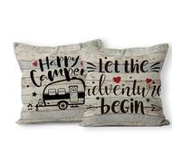 Happy Camper - Juego de 2 fundas de almohada de lino de 18 x 18 pulgadas, regalos para amantes de los campamentos, regalos de campistas, decoración de caravana, funda de cojín de remolque para sofá
