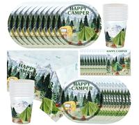 Happy Camper Vajilla de fiesta de camping - Platos, platos, vasos, servilletas, mantel, para campistas, hogueras, bosque, picnic, aventura, suministros para fiestas