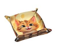 Happy Cartoon Cat - Caja de almacenamiento de escritorio de piel impresa pequeña, bandeja de almacenamiento personalizada multifuncional