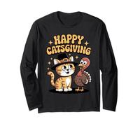 Happy Catsgiving Funny Cat Acción de Gracias Peregrino Pavo Humor Manga Larga