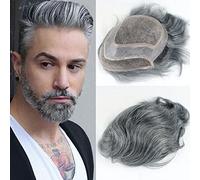 HAPPY&CC Hair System - Pelucas de repuesto de cabello humano para hombre, línea capilar natural, mono con postizo de poliuretano 1B negro apagado con 60% pelo gris sintético, 20 x 25 cm