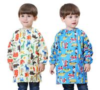 Happy Cherry - Babi Escolar Infantil Bebé Baberos Impermeables con Mangas Niño Niña Bata Pintura Estampado Animado 2 PCS Baby Guardería Delantal para Comer Juego Blusón - 1-3 Años