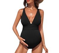 Happy Cherry - Bañador Mujer Premamá Verano con Escote en V Profundo Traje de Baño Maternidad Bikini de Embarazo de Una Pieza para Fotografía Ropa de Natación Embarazada para Surf Playa - S Negro