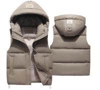 Happy Cherry - Chaleco Acolchado Niño Niña Chaqueta Cuero PU Infantil Abrigo sin Mangas Cálido Chalecos Invierno con Capucha Removible Niños Niñas para Primavera Otoño - 140-150cm - Caqui