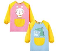 Happy Cherry - Delantal Niño Niña Pintura Baberos con Mangas Impermeables Bebé Babi Guardería Escolar Infantil Baby Guardería Bata Escolares 2 pcs Blusón para Jugar Comer - 3-5 Años - Rosa