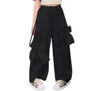 Happy Cherry - Niña Pantalones Holgados Anchos Verano Y2K Vintage Joggers Pantalón Paracaída Cargo Algodón Estilo Callejero Hip Hop Infantil Niñas con Lazo y Cintura Elástica - 152-158 - Negro