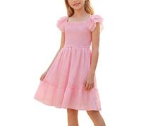 Happy Cherry - Niña Vestido de Princesa de Verano para Escuela Vacaciones Cumpleaños Vestidos Niñas de Playa Fruncido Cuello Cuadrado Fruncido Mangas Volantes para Boda Fiesta - 5-6 Años - Rosa