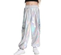 Happy Cherry - Pantalones de Cargo Metálico Brillante Niña Niño Jogger Pantalón de Chándal Hip-Hop Estilo Callejero Infantil Adolescente con Cintura Elástica y Bolsillos - 140-146 - Plata
