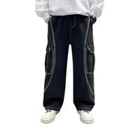 Happy Cherry - Pantalones de Denim Vaqueros Niño Estilo Callejero Cargo Holgados Infantil Jeans Vintage Pantalón de Mezclilla Cintura Elástica para Primavera Verano Otoño Invierno - 140-146 - Negro