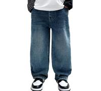 Happy Cherry Pantalones de mezclilla para niños, cintura elástica, ajustados, estilo cargo, estilo hip hop, estilo casual, recto, con bolsillos, 120-170 cm, azul claro, 160 cm