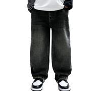 Happy Cherry Pantalones de mezclilla para niños, cintura elástica, ajustados, estilo cargo, estilo hip hop, estilo casual, recto, con bolsillos, 120-170 cm, Negro, 160 cm