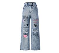 Happy Cherry Pantalones vaqueros anchos para niñas, pantalones rotos de mezclilla de moda pantalones baggy casuales de cintura alta elástica vintage azul con bolsillos para niña de 5 a 14 años, azul