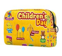 Happy Children's Day - Neceser de viaje con fondo amarillo para mujer, bolsa organizadora de maquillaje grande con cremallera, multicolor, 18.5x7.5x13cm/7.3x3x5.1in, Neceser