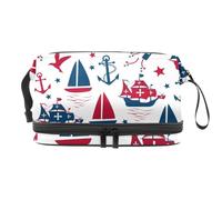 Happy Columbus Day of Nautical Anchors Sailboats - Bolsa de cosméticos de doble capa para mujeres y niñas, neceser de viaje para maquillaje, práctica bolsa organizadora con compartimento para
