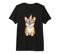 Happy Corgi Dog en Sombrero de Fiesta y Gafas de Sol Camiseta Premium