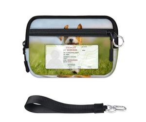 Happy Corgi Dog - Mini funda con cremallera para mujeres y hombres, con ventana de identificación, bonita cartera para perro, portátil, ligera, pequeña, con cremallera, organizador de tarjetas de