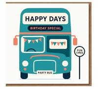 Happy Days - Tarjeta de cumpleaños de autobús de doble piso con banderines y parada "Fun Times", tema de viaje divertido
