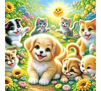 Happy Dogs Cats Diamond Art Kits for Adults,5D Garden Animals Diamond Painting Kits for Beginner DIY Round Full Drill Embroidery Cross Stitch Diamond Dots Craft for Home Wall Decor Gifts 50x50 cm