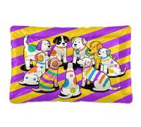 Happy Dogs Party - Cama para perros a rayas moradas y amarillas, cama suave antideslizante para perros medianos/grandes, 36 x 24 pulgadas