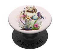 Happy Easter Cat Easter Tea Cup Coffee Cat Siamese Floral PopSockets PopGrip Adhesivo