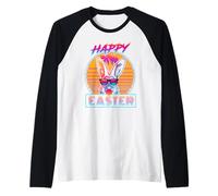 Happy Easter Cute Bunny Face Vintage 80s Bubble Gum Glasses Camiseta Manga Raglan