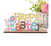 Happy Easter Table Sign, Wood Easter Flower Bunny Figurine Decor, Collectible Craft Decoration Holiday Favor, Rabbit Desktop Centerpiece for Home Dining Tables