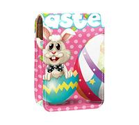 Happy-Easter-with-Bunny-and-Eggs-on-Pink-Background - Estuche portátil para pintalabios para viajes, mini caja de almacenamiento de lápiz labial con espejo para mujeres y mujeres, bolsa de cosméticos de cuero, Varios colores, 9.5x2x7 cm/3.7x0.8x2.7 in