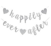 Happy Ever After - Banderines plateados con purpurina, compromiso, despedida de soltera, fiesta de boda, fotomatón, banderines cursivos preencordados