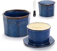 Happy Fox Mantequera francesa con agua, 280 g de cerámica con tapa, cuchillo de cerámica, campana grande para almacenamiento de mantequilla y decoración de cocina del hogar (azul)