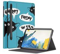 Happy Friday Cat - Funda para Samsung Galaxy Tab S8 Plus/Tab S7 FE de 12.4 pulgadas 2021 / Galaxy Tab S7 Plus 2020, múltiples ángulos de visión con soporte para bolígrafo S y apagado y encendido