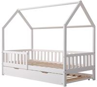 Happy Garden Cama de 190 x 90 cm, Color Blanco Martillo, Marco de Cama de Madera Maciza de Pino con somier de láminas, barrotes de Seguridad y Cama Nido