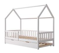 Happy Garden Cama de 190 x 90 cm, Color Blanco Martillo, Marco de Cama de Madera Maciza de Pino con somier de láminas, barrotes de Seguridad y Cama Nido