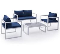 Happy Garden Conjunto de muebles de jardín de 4 plazas tela azul y aluminio blanco