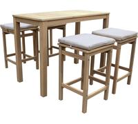 Happy Garden Conjunto mesa alta y taburetes 4 plazas en acacia y cojines arena