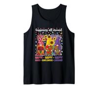 Happy Garden Gnomos Rosas Girasoles Lavanda Primavera Verano Camiseta sin Mangas