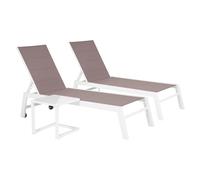 Happy Garden Juego de 2 tumbonas Barbados de textilene gris topo y aluminio blanco + mesa auxiliar, tumbona exterior multiposición.